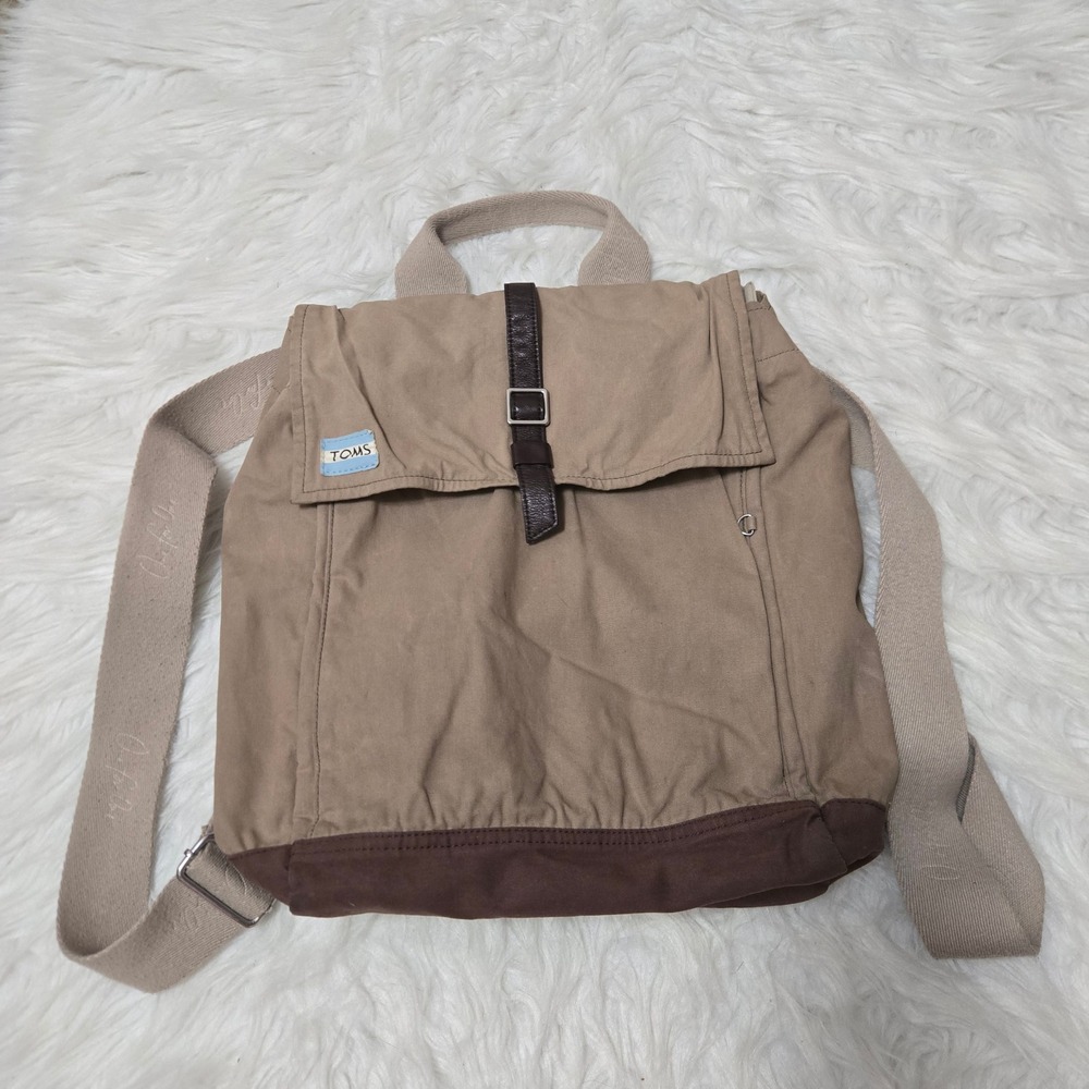 TOMS Tan Brown Canvas Flap Backpack Rucksack with Side Zip Access